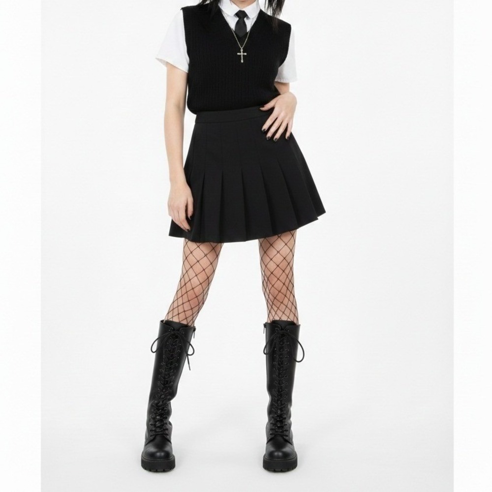HYFVE‎ Goth School Girl Mini Skirt Box Pleated Black A-Line Emo Punk Size S